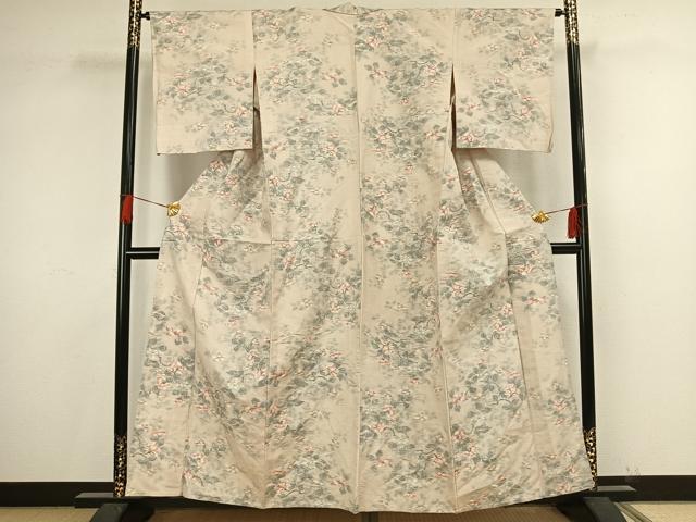 平和屋着物▽小千谷紬 単衣 草花文 正絹 逸品 AAAV8434fy