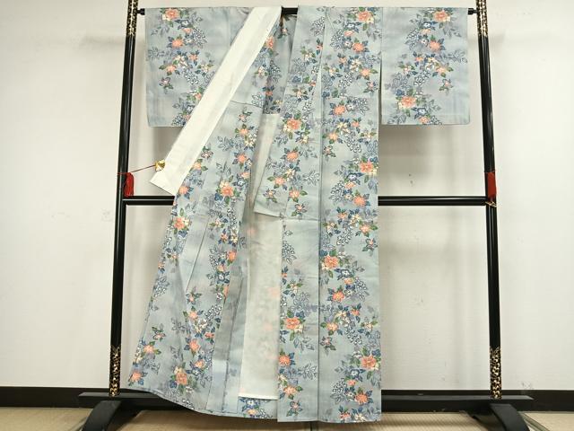 平和屋着物▽小千谷紬 単衣 草花文 正絹 逸品 AAAV8466fy