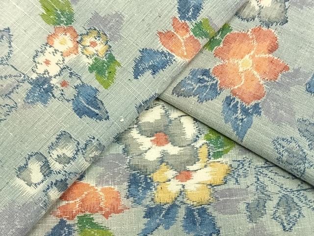 平和屋着物▽小千谷紬 単衣 草花文 正絹 逸品 AAAV8466fy