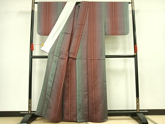 平和屋着物▽上質な紬 単衣 縞 正絹 逸品 AAAV8471fy