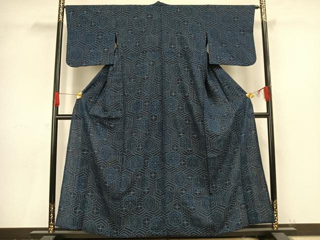 平和屋着物▽上質な紬 単衣 亀甲文様 正絹 逸品 AAAV8475fy