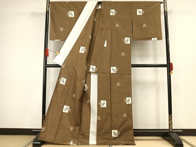 平和屋着物▽上質な紬 単衣 舞蝶文 正絹 逸品 未使用 AAAV8487fy