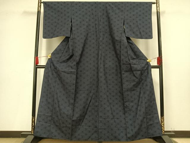 平和屋着物▽結城紬 単衣 80亀甲 麻の葉文様 正絹 逸品 AAAV8489fy
