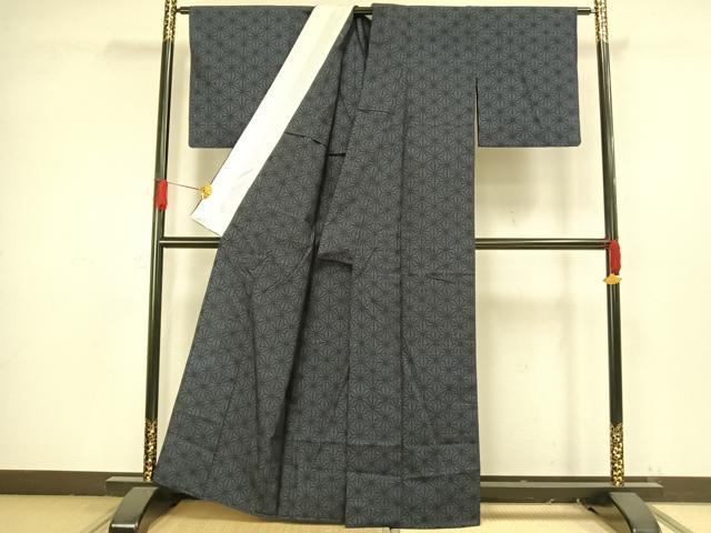 平和屋着物▽結城紬 単衣 80亀甲 麻の葉文様 正絹 逸品 AAAV8489fy