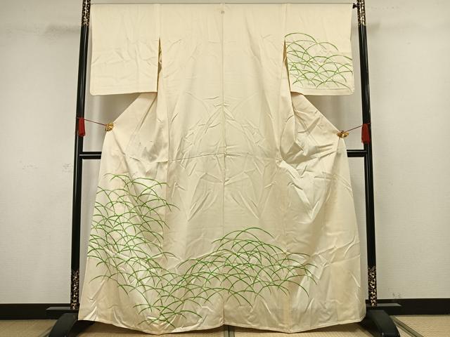 平和屋着物▽訪問着 単衣 笹の葉文 正絹 逸品 AAAV8492fy
