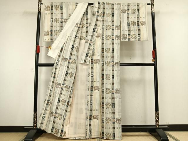 平和屋着物▽上質な紬 単衣 動物花文 正絹 逸品 AAAV8501fy