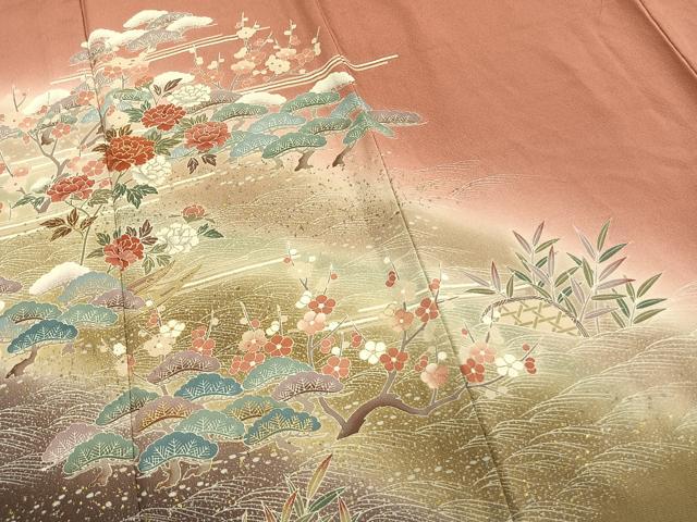 平和屋着物▽訪問着 単衣 草花文 暈し染め 金銀彩 正絹 逸品 AAAV8507fy