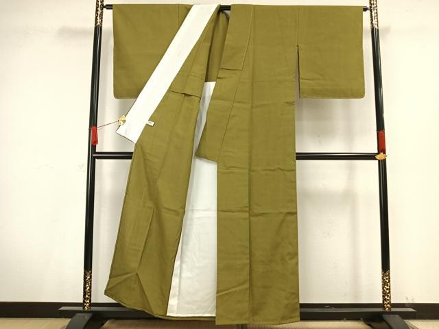平和屋着物▽上質な紬 単衣 色無地 鶯色 正絹 逸品 未使用 AAAV8508fy