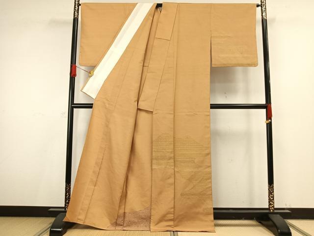 平和屋着物▽訪問着 単衣 紬地 道長扇文 正絹 逸品 AAAV8510fy