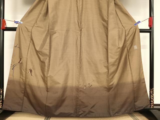 平和屋着物●紬 訪問着 柿渋染 雀 正絹 逸品 AAAV9026np