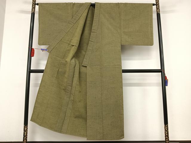 平和屋着物▽男性 紬 アンサンブル 長襦袢(単衣)セット 単衣 草色 正絹 逸品 AAAV9073np