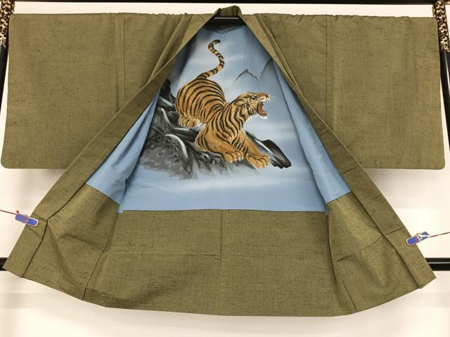 平和屋着物▽男性 紬 アンサンブル 長襦袢(単衣)セット 単衣 草色 正絹 逸品 AAAV9073np