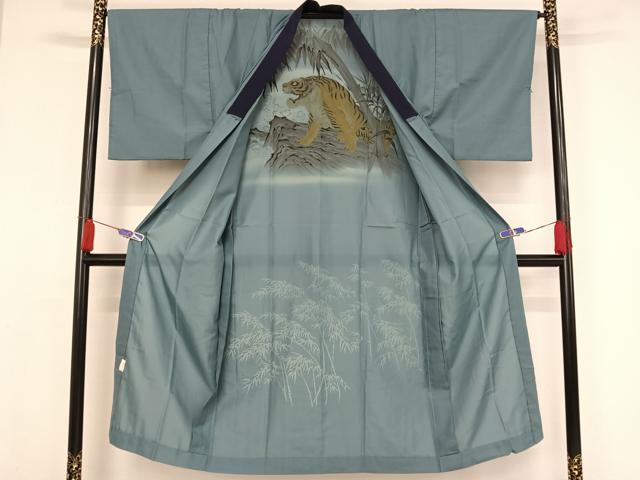 平和屋着物▽男性 紬 アンサンブル 長襦袢(単衣)セット 単衣 草色 正絹 逸品 AAAV9073np