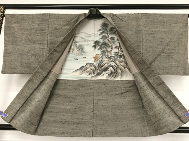 平和屋着物●男性 美山紬 アンサンブル 鼠色 証紙付き 正絹 逸品 AAAV9074np
