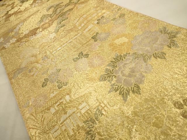 平和屋着物◎六通柄袋帯 風景花文 金糸 正絹 逸品 AAAV9642sw