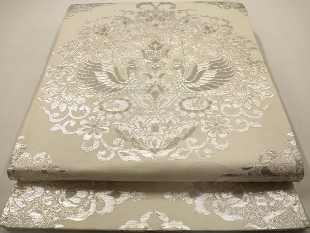 平和屋着物◎六通柄袋帯 更紗花鳥文 銀糸 正絹 逸品 AAAV9739dt