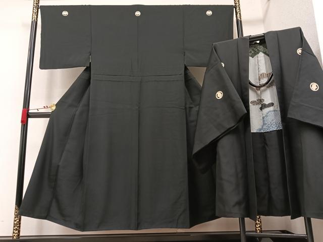 平和屋着物●男性 黒紋付 羽織セット 正絹 逸品 AAAW0020ph