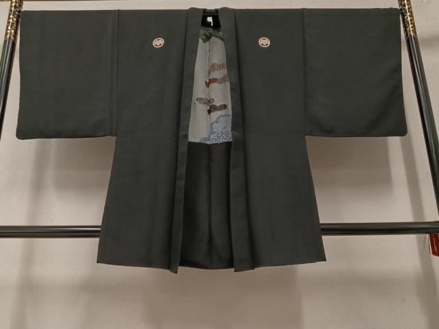 平和屋着物●男性 黒紋付 羽織セット 正絹 逸品 AAAW0020ph