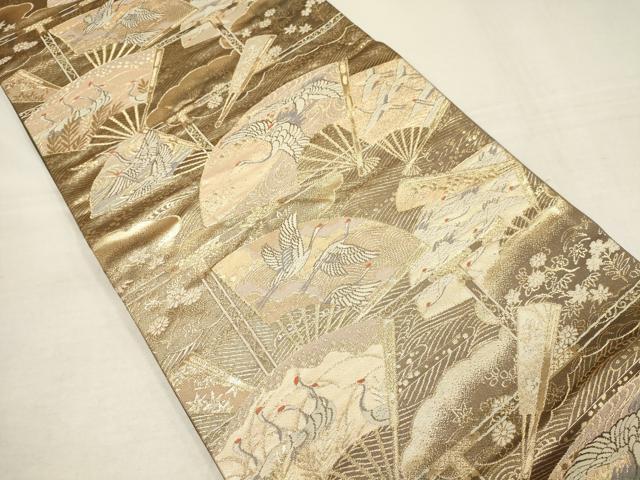 平和屋着物▼六通柄袋帯 扇面飛鶴文 金糸 正絹 逸品 AAAW0234wj