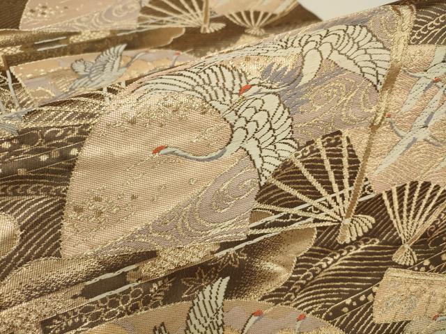 平和屋着物▼六通柄袋帯 扇面飛鶴文 金糸 正絹 逸品 AAAW0234wj