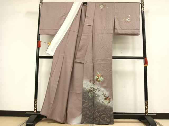 平和屋着物▽訪問着 単衣 刺繍 雪輪草花文 暈し染め 金糸 金彩 正絹 逸品 AAAW1275fy