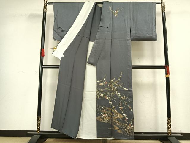 平和屋着物▽訪問着 単衣 流水草花文 金彩 正絹 逸品 AAAW1276fy