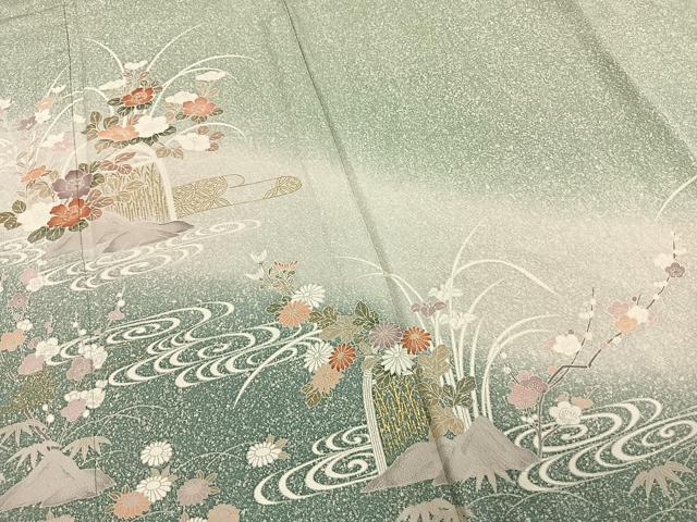 平和屋着物▽訪問着 単衣 風景草花文 たたき染め 金彩 正絹 逸品 AAAW1285fy