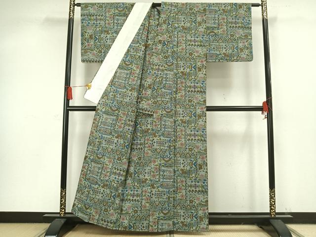 平和屋着物▽上質な紬 単衣 草花文 正絹 逸品 AAAW1287fy