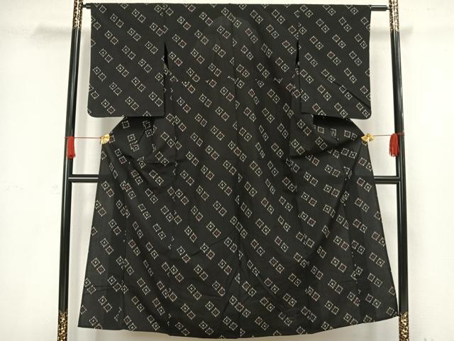 平和屋着物▽お召 単衣 幾何学文様 黒地 正絹 逸品 AAAW1295fy