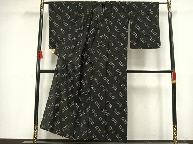 平和屋着物▽お召 単衣 幾何学文様 黒地 正絹 逸品 AAAW1295fy
