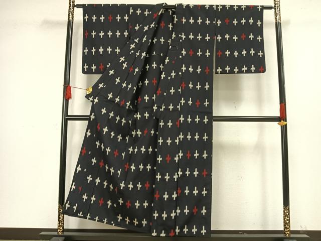 平和屋着物▽お召 単衣 十字絣 正絹 逸品 AAAW1296fy