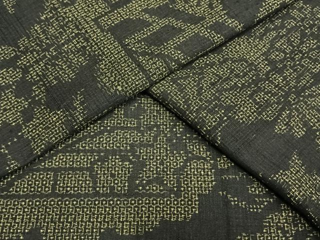 平和屋着物▽結城紬 単衣 風景草花文 黒地 正絹 逸品 AAAW1314fy