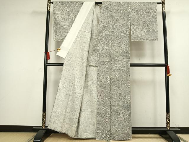 平和屋着物▽上質な小紋 単衣 紬地 切嵌文 正絹 逸品 未使用 AAAW1318fy
