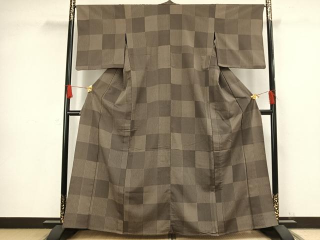 平和屋着物▽本塩沢 単衣 市松文様 正絹 逸品 AAAW1326fy