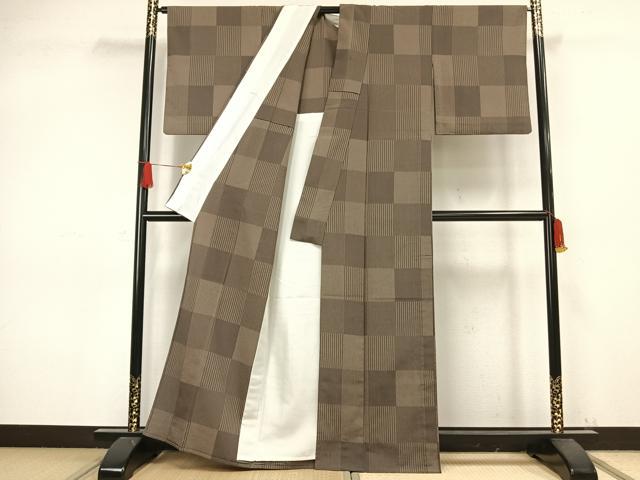 平和屋着物▽本塩沢 単衣 市松文様 正絹 逸品 AAAW1326fy