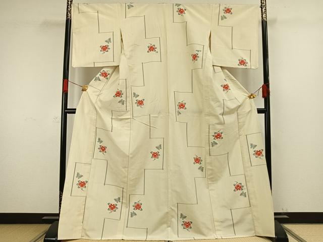 平和屋着物▽上質な紬 単衣 花蝶文 ロング丈 正絹 逸品 AAAW1333fy