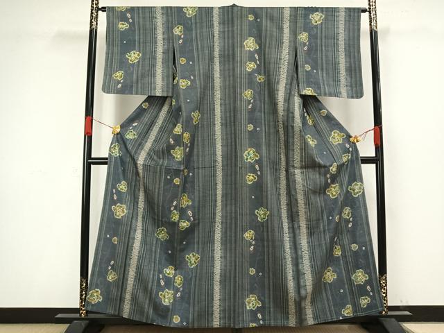 平和屋着物▽上質な紬 単衣 絞り 舞葉文 反端付き 正絹 逸品 AAAW1334fy