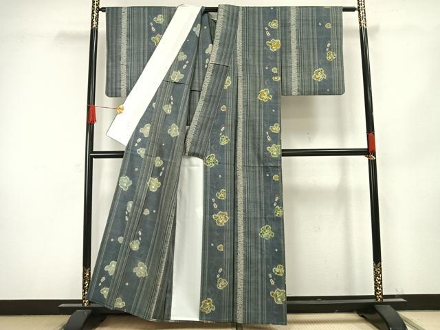 平和屋着物▽上質な紬 単衣 絞り 舞葉文 反端付き 正絹 逸品 AAAW1334fy