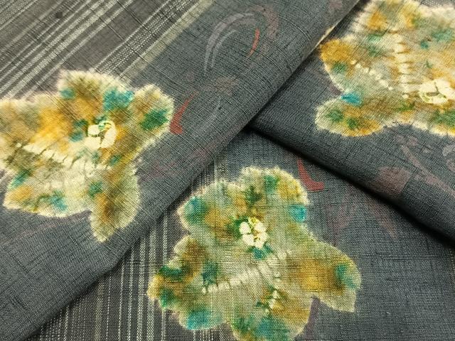 平和屋着物▽上質な紬 単衣 絞り 舞葉文 反端付き 正絹 逸品 AAAW1334fy