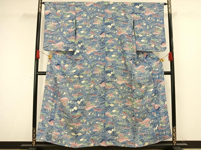 平和屋着物▽上質な小紋 単衣 型染め 風景文 正絹 逸品 AAAW1336fy