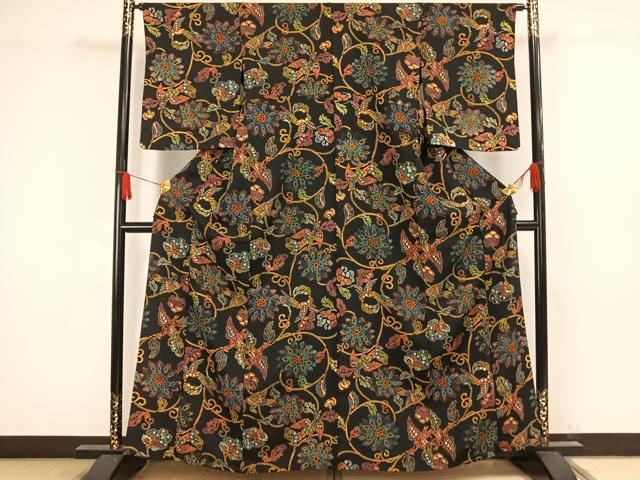 平和屋着物▽上質な小紋 単衣 型染め 花鳥文 黒地 正絹 逸品 AAAW1337fy
