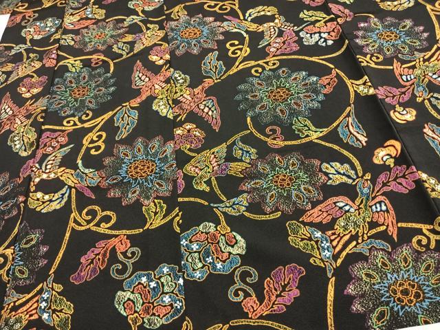 平和屋着物▽上質な小紋 単衣 型染め 花鳥文 黒地 正絹 逸品 AAAW1337fy