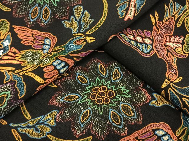 平和屋着物▽上質な小紋 単衣 型染め 花鳥文 黒地 正絹 逸品 AAAW1337fy