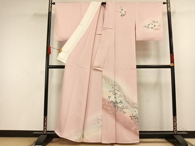 平和屋着物▽訪問着 単衣 友禅 草花文 金銀彩 正絹 逸品 AAAW1354fy