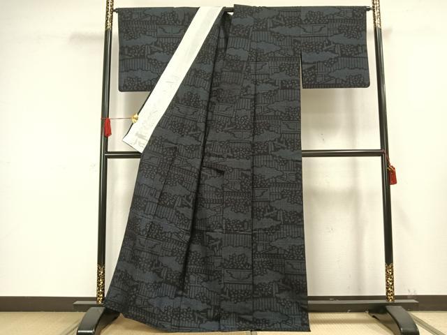 平和屋着物▽結城紬 単衣 80亀甲 風景文 正絹 逸品 AAAW1361fy