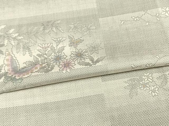 平和屋着物▽本場大島紬 単衣 白大島 9マルキ 横段花蝶文 正絹 逸品 AAAW1369fy