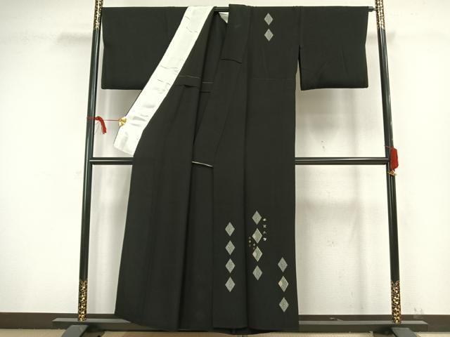 平和屋着物▽訪問着 単衣 刺繍 菱文 黒地 金糸 金彩 正絹 逸品 AAAW1388fy