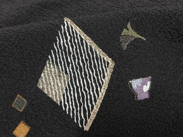 平和屋着物▽訪問着 単衣 刺繍 菱文 黒地 金糸 金彩 正絹 逸品 AAAW1388fy