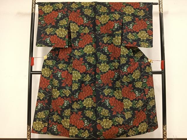 平和屋着物▽上質な紬 単衣 草花文 正絹 逸品 AAAW1401fy