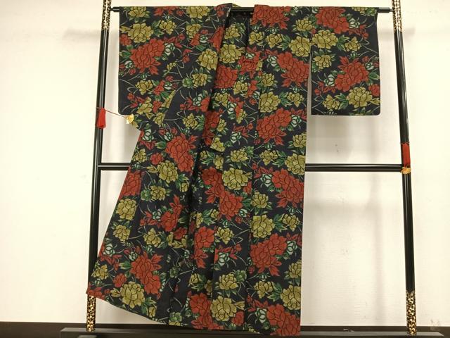 平和屋着物▽上質な紬 単衣 草花文 正絹 逸品 AAAW1401fy